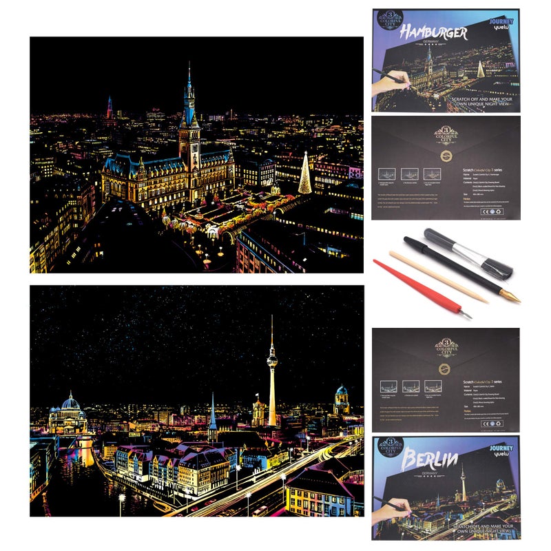 BOTEEN Scratch Rainbow Painting Art Paper,Scratch & Sketch Art for Adults,Scratch Painting Creative Gift Engraving Art & Craft Set,Sketch Pad DIY Scratchboard with 4 Tools,16''x11''(German Series) - Image 1